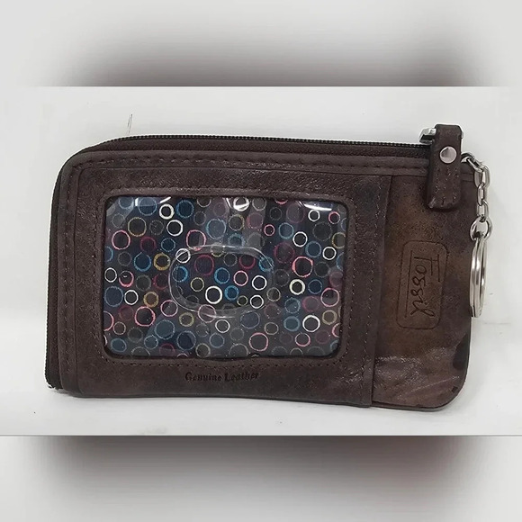 Fossil Small Brown Leather ID Card Coin Holder Logo Key Ring Multi-Pocket Wallet - Picture 2 of 11